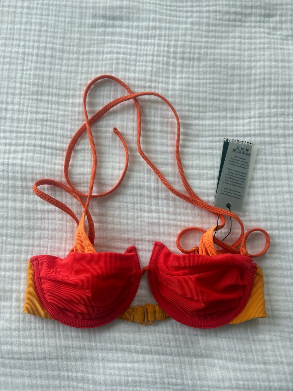 NWT ONEONE Colorblock Halter Bikini Top Red Orange Yellow Adjustable Size M